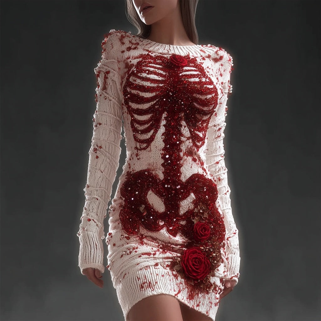 Comstylish Classy Bloody Skeleton Anatomy Roses Glitter Sweater Dress