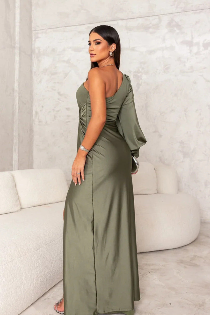 Avira — One-shoulder Satin Maxi Dress With Side Slit