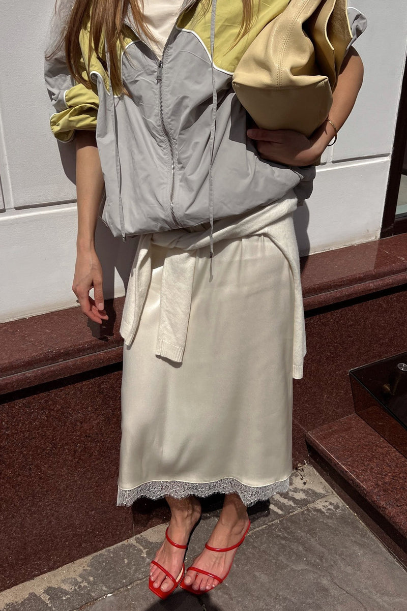 Lace Trim Tie Waist Midi Skirt