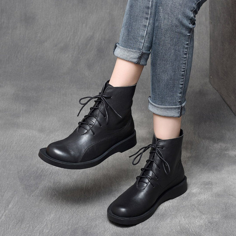 Cozy Leather Flats Lace Up British Style Boots
