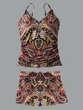 V-Neck Vintage Color Floral Print Suspender Skirt Tankini Pantskirt Set Swimsuit