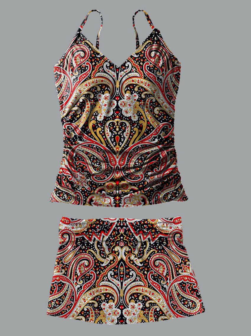 V-Neck Vintage Color Floral Print Suspender Skirt Tankini Pantskirt Set Swimsuit