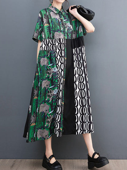 Short Sleeves Loose Printed Split-joint Lapel Midi Dresses Shirt Dress