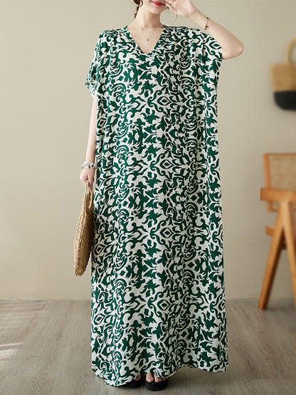 Batwing Sleeves Loose Printed V-neck Maxi Dresses