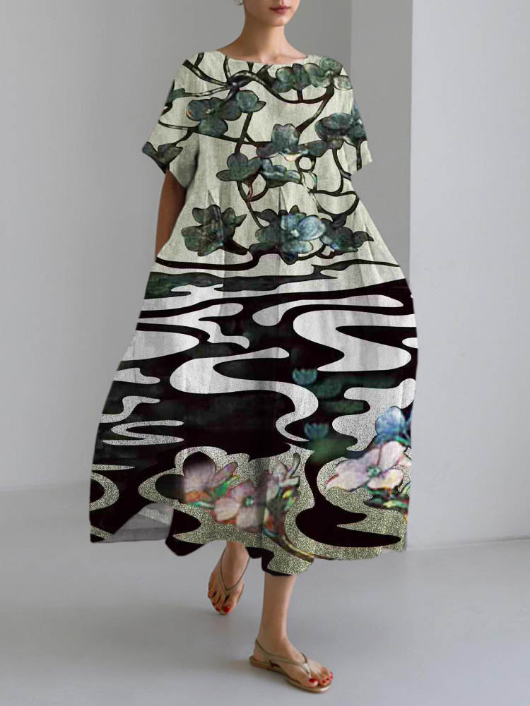 Chinese Floral Art Linen Long Dress