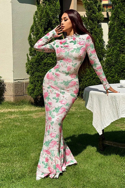 Print Long Sleeve Bodycon Maxi Dress