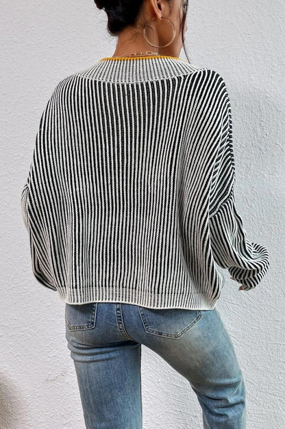 Striped Colorblock V-neck Batwing Sweater