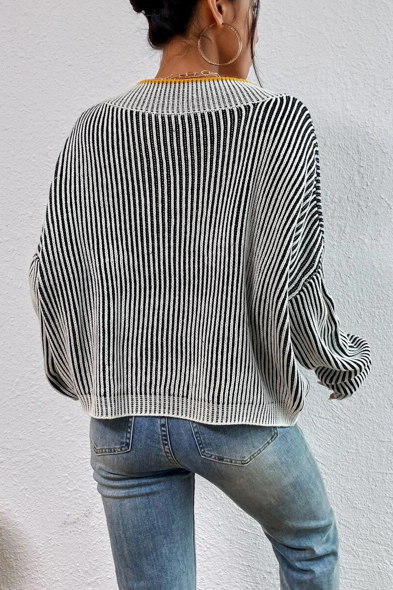 Striped Colorblock V-neck Batwing Sweater