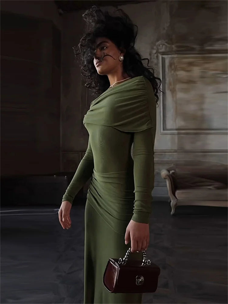 Autumn Patchwork Long Dress Female Slim High Waist Skinny Party Dress Gown Pleated Bodycon Dress