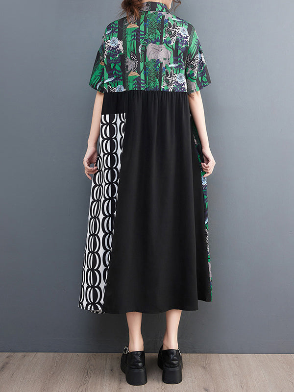 Short Sleeves Loose Printed Split-joint Lapel Midi Dresses Shirt Dress