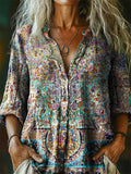 Women's Vintage Ethnic Floral Art Print Casual Cotton Linen Shirt