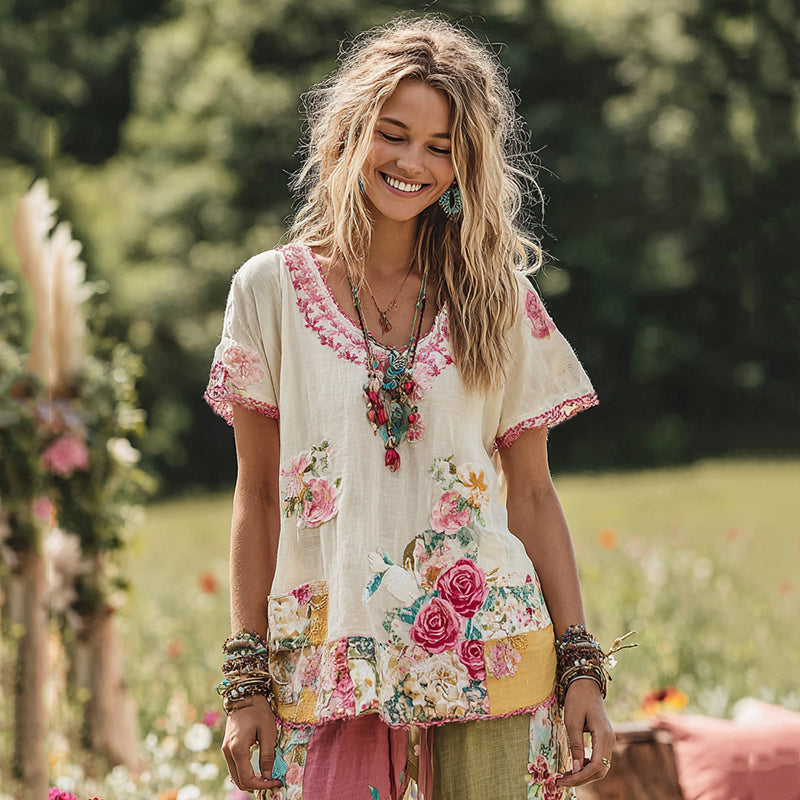 Women's Holiday Embroidered Floral Patchwork T-shirt elevenforest