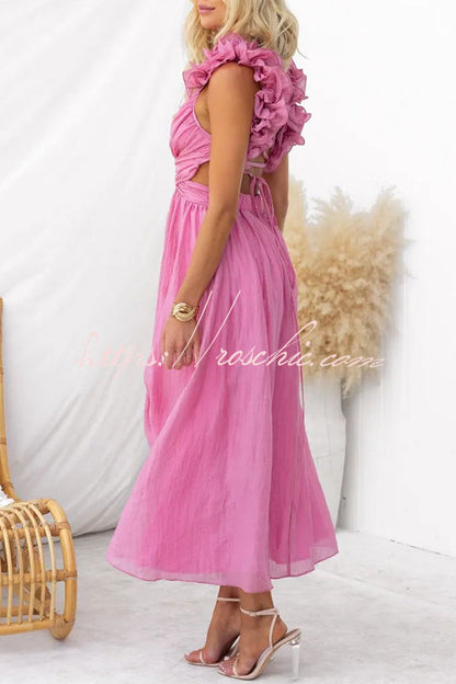 Luxe Lady Ruffle Detail Back Lace-up Elastic Waist Maxi Dress
