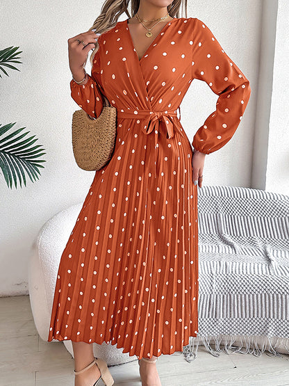 A-line High Waisted Elasticity Pleated Polka-dot Split-joint Tied Waist V-neck Midi Dresses Shirt Dress