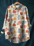 Women's Cat Art Print Casual Cotton And Linen Shirt