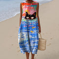 Abstract Creative Oil Cat Painting Art Linen Tank Dress elevenforest