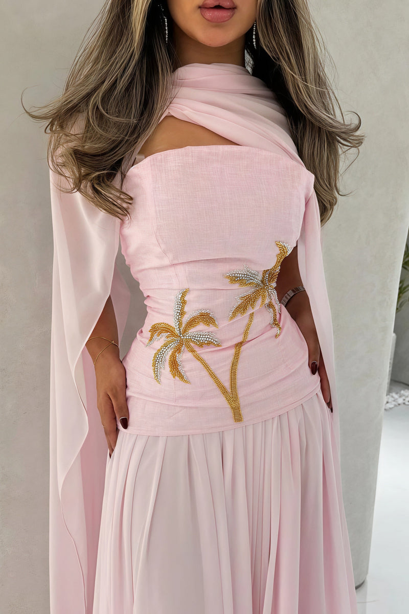 Chiffon Cape Beaded Maxi Dress