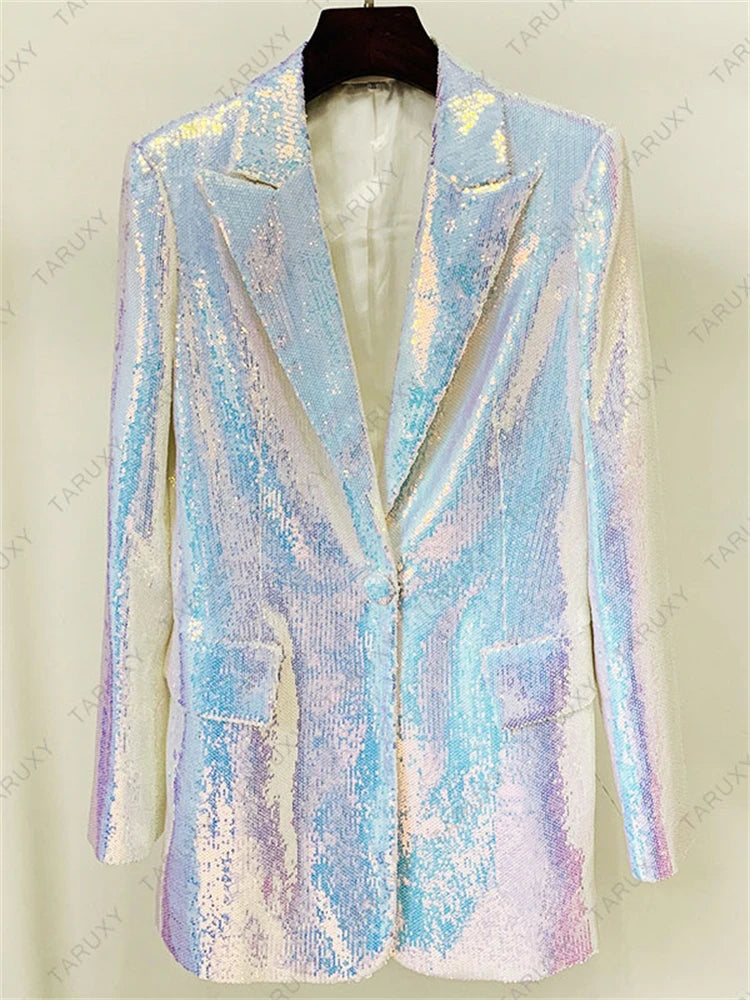 Sparkly Blazer Short Suit for Autumn Turn-down Collar Blazer Jaclets and Shorts 2 Piece Sets Outfits
