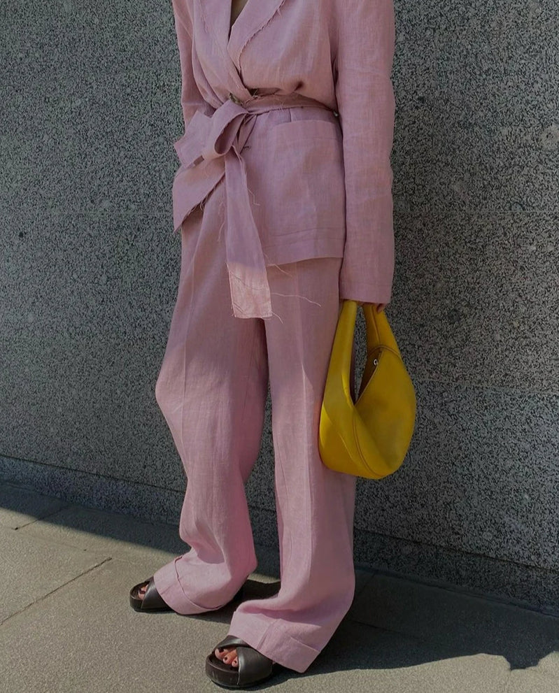Pink Cotton Lace-up Wide Pants Office Two Piece Set