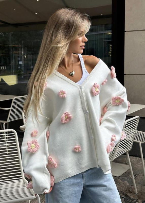 Blush Bloom - 3d Knit Cardigan With V-neck