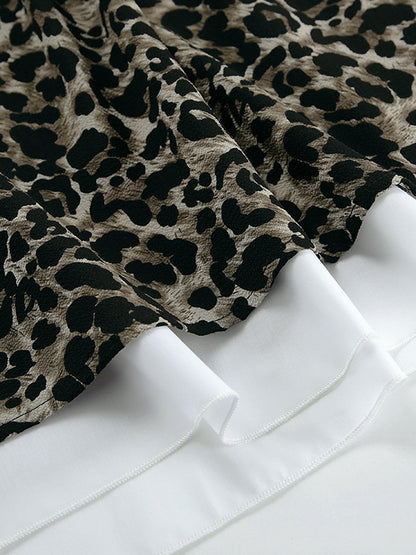 Puff Sleeves Contrast Color Falbala Leopard Split-joint Mini Dresses