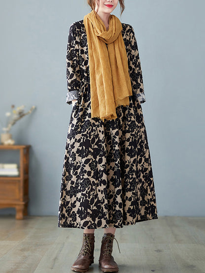 Artistic Retro Ramie Cotton Printed Pleated Round-neck Long Sleeves Midi Dress