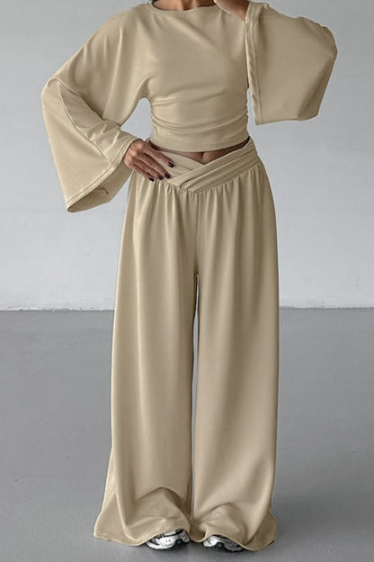 Cinched Waist Flared Sleeve Top Palazzo Pants Set