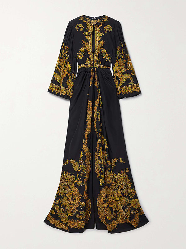 Flared Sleeves Loose Contrast Color Printed Split-front Maxi Dresses