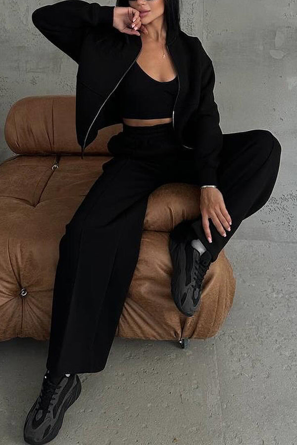 Color Long Sleeve Zipper Jacket and Elastic Waist Pocket Wide Leg Pants Set