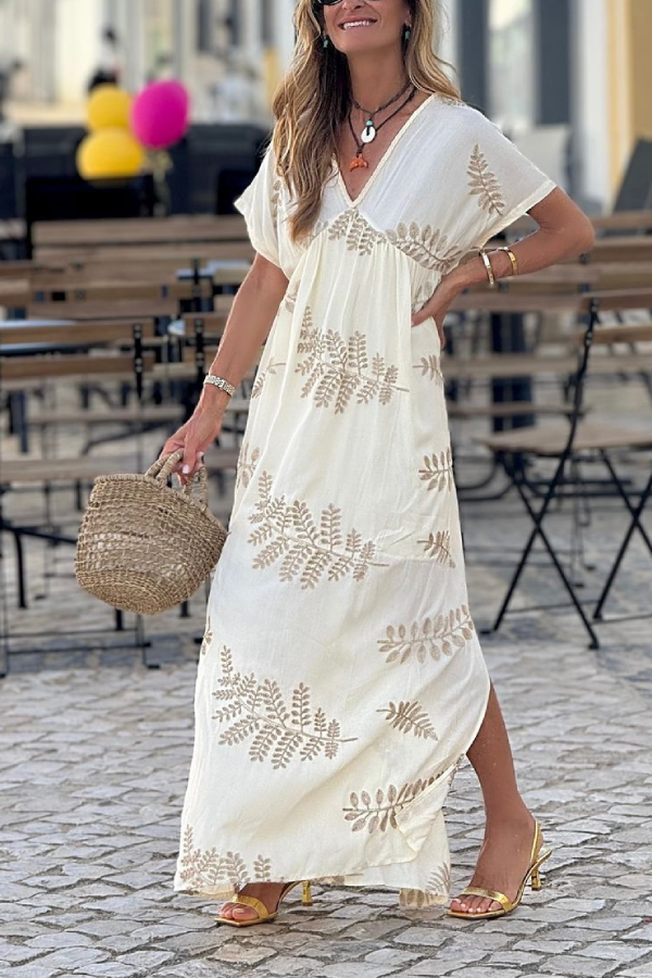 Leaf Print V-neck Short Sleeve Long Dress