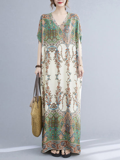 Printed V-neck Batwing Sleeves H-line Maxi Dress