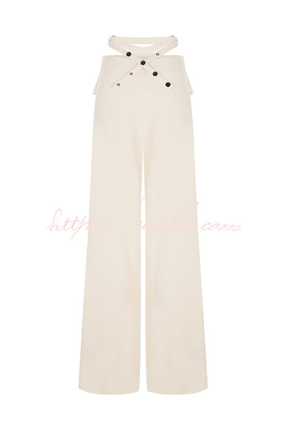 Leia High Neck Button Bell Sleeve Top and Cutout Waist Metal Pocketed Flare Pants Set
