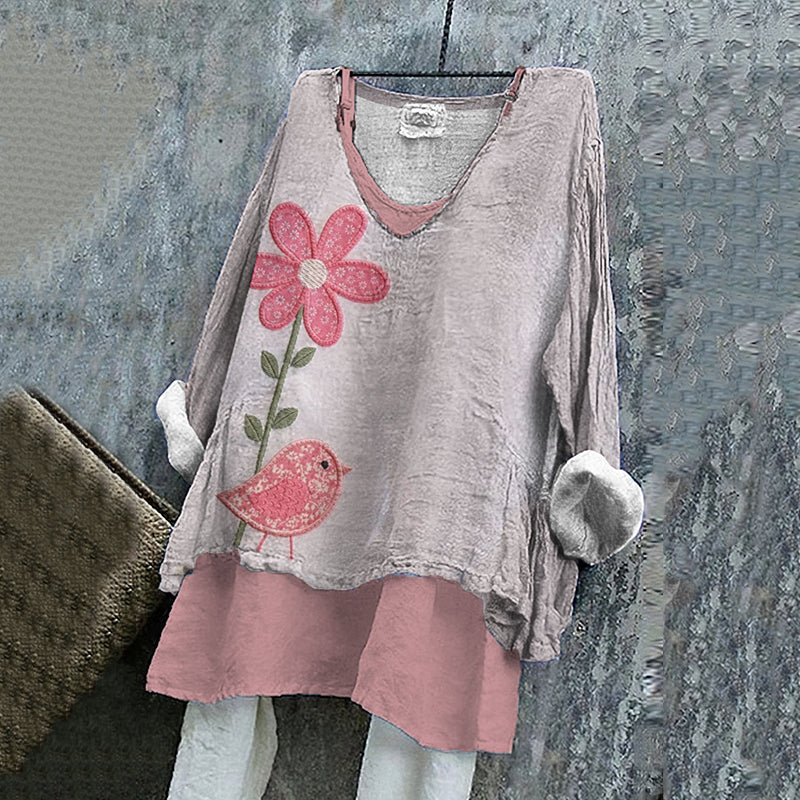 Women's Floral And Bird Pattern Cotton And Linen V-neck Shirt elevenforest