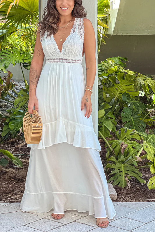 Off White Maxi Dress With Lace Top and Back Bow