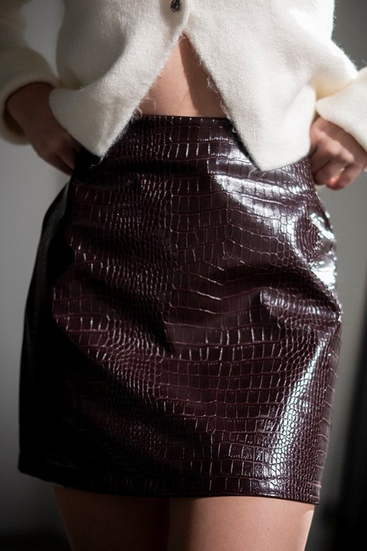 Crocodile Pattern Pu Leather High Waist Mini Skirt