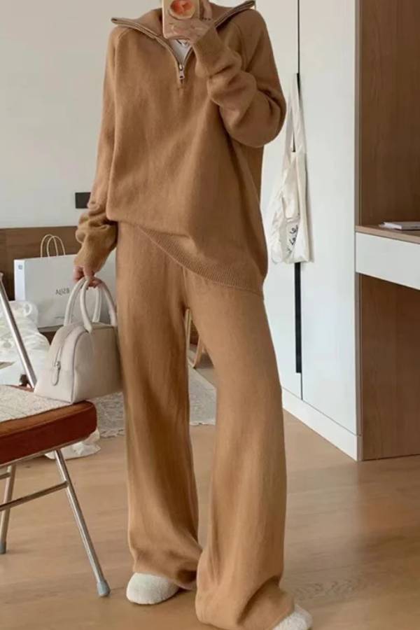 Lapel Sweater and Wide-leg Pants Two-piece Suit