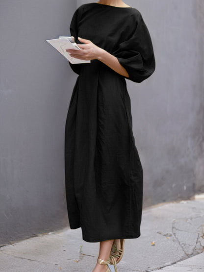 Half Sleeves Loose Color Round-neck Maxi Dresses Midi Dresses