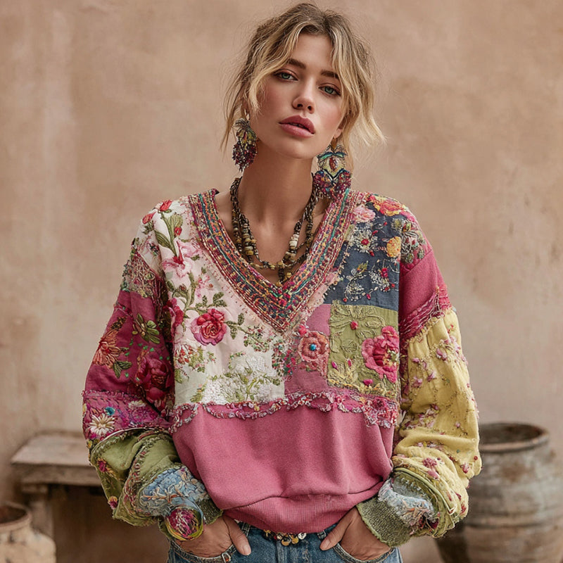 Women's Bohemian Flower Embroidery Patchwork Art V-neck Casual Sweatshirt elevenforest