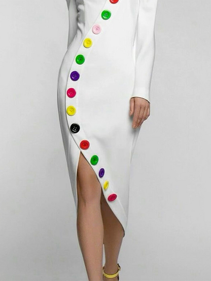 Long Sleeves Buttoned Contrast Color High Neck Midi Dresses