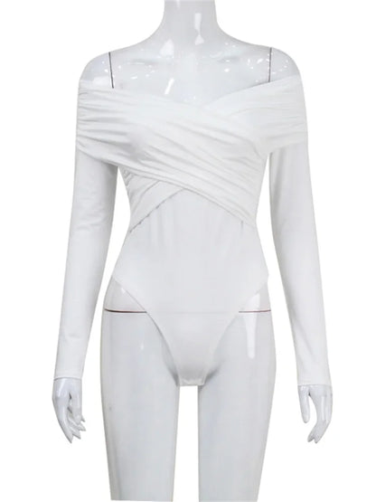 White See-through Patchwork Jumpsuit for Pleated Slim High Waist Long Sleeve Off-shoulder Rompers