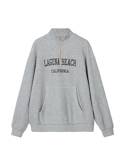 Grey Half Zip Knit Sweatshirt With Letter Embroidery