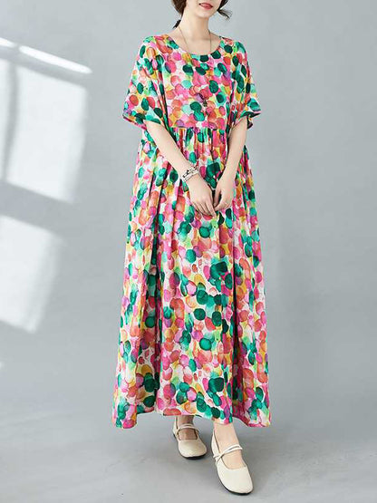 Half Sleeves Loose Pleated Polka-dot Printed Split-joint Round-neck Midi Dresses