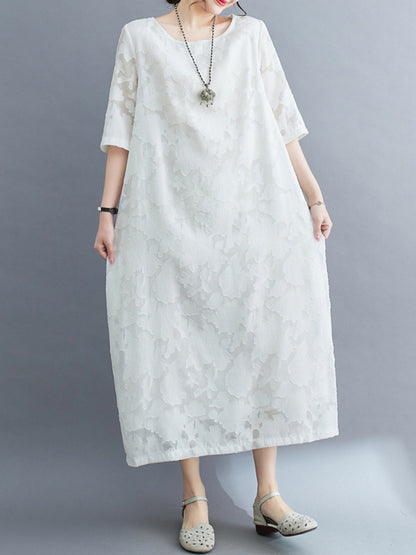 Loose Three-quarter Sleeves Jacquard See-through Color Round-neck Midi Dresses