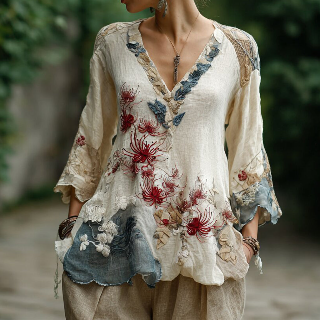 Women's Japanese Spider Lily Embroidered Cotton And Linen V-neck Shirt elevenforest