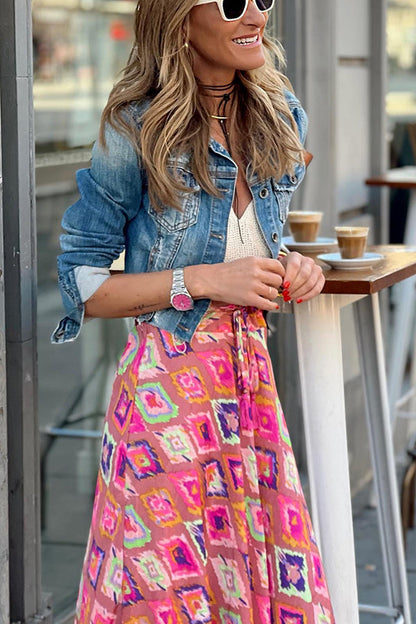 Courtyard Dreaming Print Elastic Waist Tassel Maxi Skirt