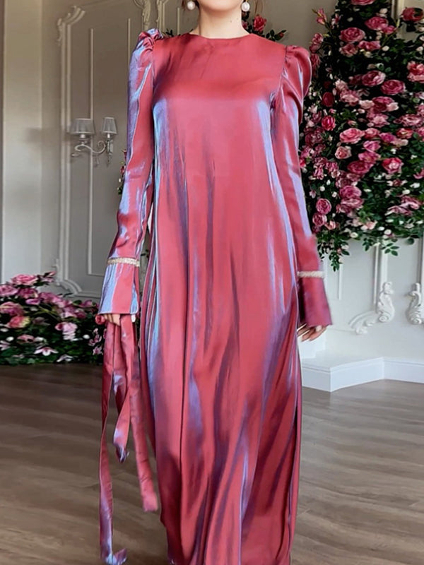A-line Long Sleeves Pleated Color Tied Waist Zipper Round-neck Maxi Dresses