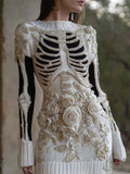 Comstylish Halloween Roses Skeleton Pearls Beaded Cozy Knit Sweater Dress