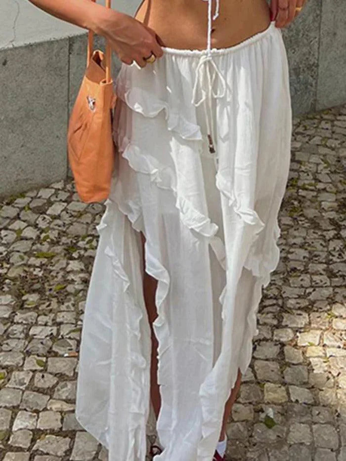 White Ruffle Slit Midi Skirt
