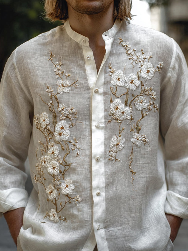 Men's Elegant White Plum Blossom Embroidery Vintage Long-sleeved Shirt elevenforest