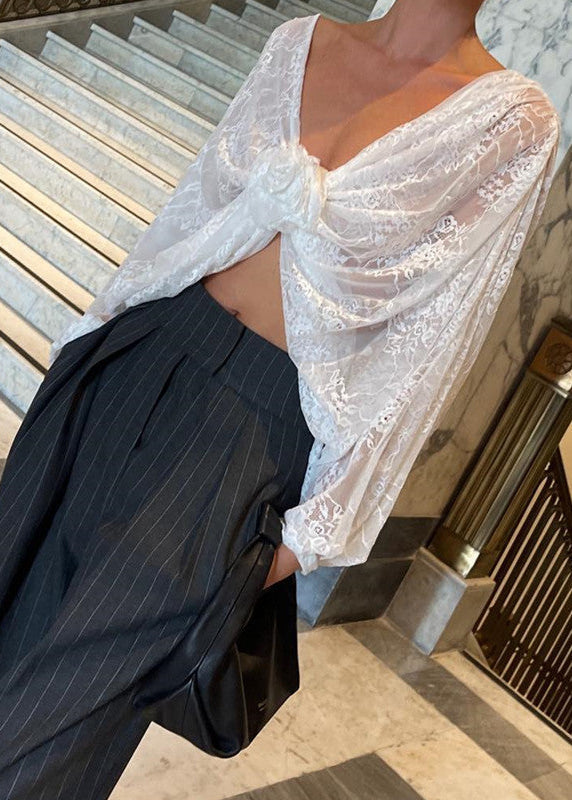 Celestia - Sheer Lace Cropped Blouse With Front Tie